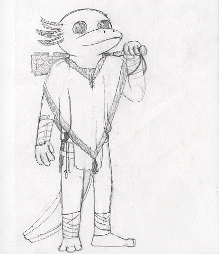 An Axolotl man armed with an obsidian short sword.